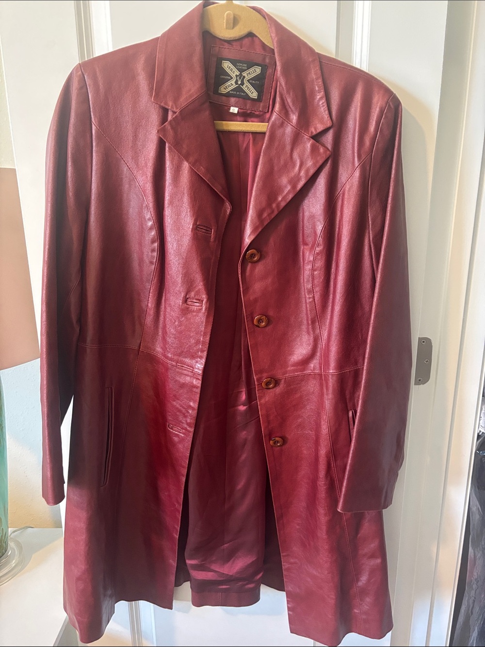Vintage, Italian Deep Red real Leather Long Coat